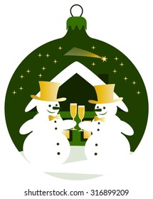 vector christmas ball with pair of snowmen with glasses of champagne