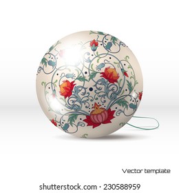 Vector Christmas ball.  Pattern with fantasy flowers. Realistic shadows.