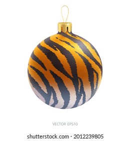 Vector Christmas ball with a pattern of tiger skin. Decoration for Year of the Tiger in Chinese Zodiac. Golden and black texture with a wild stripes and thin fur layer. Realistic 3D Xmas bauble.