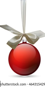 Vector Christmas ball with ribbon on white background. Template. Hanging New Year's toy on a ribbon. Vector illustration.