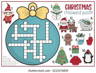 Vector Christmas ball shaped crossword puzzle for kids. Winter holiday quiz for children. Educational activity with kawaii symbols. Cute New Year English language cross word with Santa Claus

