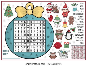 Vector Christmas ball shaped word search puzzle for kids. Winter holiday quiz for children. Educational activity with kawaii symbols. Cute New Year English language cross word with Santa Claus
