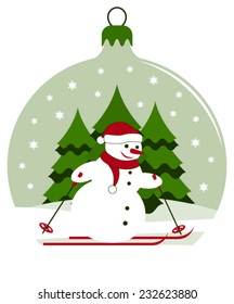 vector christmas ball with snowman skier isolated on white background