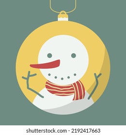 Vector Christmas ball with snowman. Tree decoration isolated. Bauble Red, yellow color. Element for design, decor. Template for printing on paper, stickers, packaging. New Year, winter, celebration.