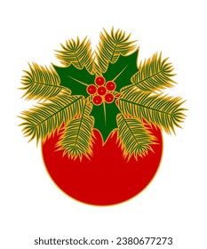 vector christmas ball with spruce twigs and holly isolated on white background