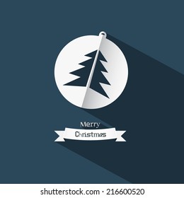 Vector Christmas Ball and Tree Made from Paper on Blue Background
