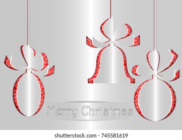 Vector Christmas balls and bell on  red background with snowflakes. Design elements for greeting cards or banners. Paper cut out style.