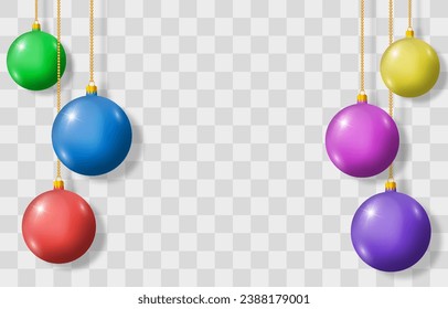 Bolas vectoriales de Navidad aisladas en el fondo del png. Nochebuena coloridas bolas. Decoración de objetos de vacaciones de Año Nuevo. Diseño de conjunto vectorial de bolas colgantes de Navidad. Ilustración del vector aislada en transparente
