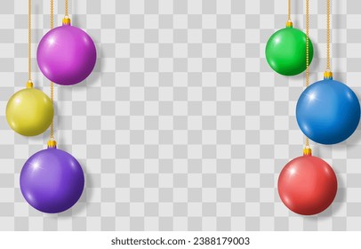Vector Christmas balls isolated on png background. Xmas colorful balls. New Year's holiday objects decoration. Christmas hanging balls vector set design. Vector illustration isolated on transparent