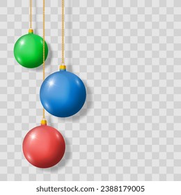 Bolas vectoriales de Navidad aisladas en el fondo del png. Nochebuena coloridas bolas. Decoración de objetos de vacaciones de Año Nuevo. Diseño de conjunto vectorial de bolas colgantes de Navidad. Ilustración del vector aislada en transparente