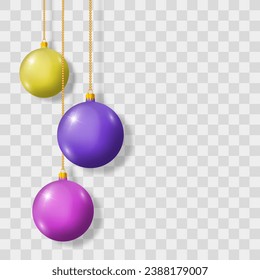 Vector Christmas balls isolated on png background. Xmas colorful balls. New Year's holiday objects decoration. Christmas hanging balls vector set design. Vector illustration isolated on transparent