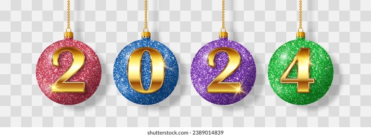Vector Christmas balls isolated on png background. Xmas colorful balls. New Year's holiday objects decoration. Christmas hanging balls vector set design. Vector illustration isolated on transparent