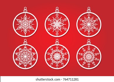 Vector Christmas balls set with a snowflake cut out of paper. Templates for laser cutting, plotter cutting or or wood carving,