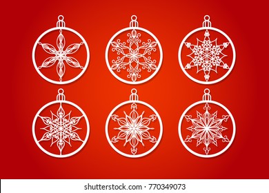 Vector Christmas balls set with a snowflake cut out of paper. Templates for laser cutting, plotter cutting or or wood carving,