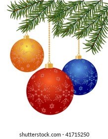 vector Christmas balls with Christmas tree branch  	