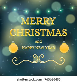 Vector Christmas Banner Background. Xmas Card with Text, Garland and Balls. Festive Vector Illustration in Blue and Yellow Colors. Vector Illustration.