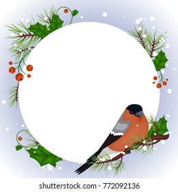 Vector Christmas banner with bullfinch and white snowflakes. Stock vector.