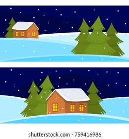 Vector Christmas banner of ?ute cartoon landscapes with house and fur tree. Snowy night landscape.