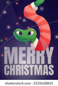 Vector Christmas banner. Cute green tree snake in Santa clothes or scarf. Symbol of Chinese New Year 2025. Advertising brochure or gift card.