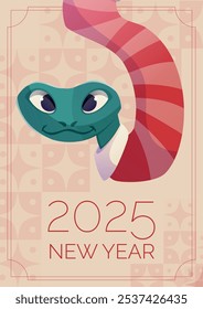 Vector Christmas banner. Cute green tree snake in Santa clothes or scarf. Symbol of Chinese New Year 2025. Advertising brochure or gift card.