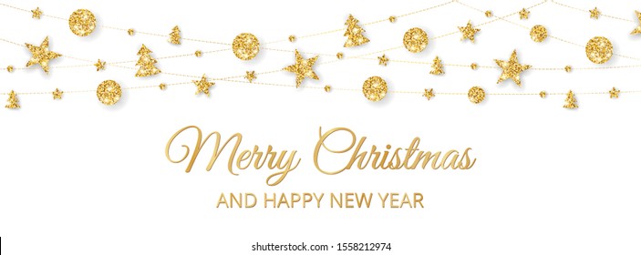 Vector Christmas banner with decorations. Merry Christmas and Happy New Year text. Golden ornaments on white background. Holiday frame, border. Glitter garland for celebration headers, party posters.