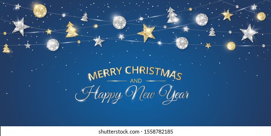 Vector Christmas banner with decorations. Merry Christmas and Happy New Year text. Gold and silver ornaments on blue background. Holiday frame, border. Glitter garland for headers, party posters.