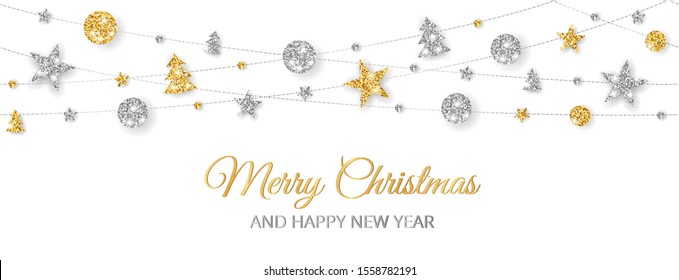 Vector Christmas Banner With Decorations. Merry Christmas And Happy New Year Text. Silver And Gold Ornaments On White Background. Holiday Frame, Border. Glitter Garland For Headers, Party Posters.