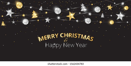 Vector Christmas banner with decorations. Merry Christmas and Happy New Year text. Gold and silver ornaments on black background. Holiday frame, border. Glitter garland for headers, party posters.