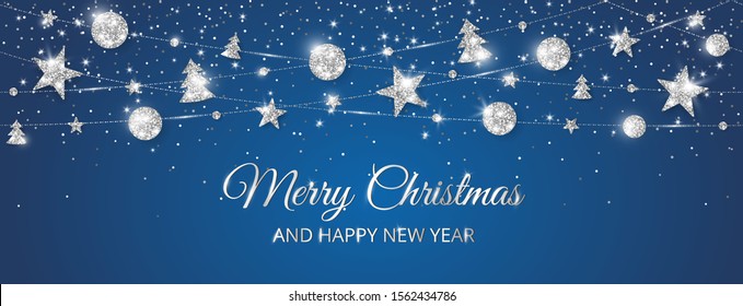 Vector Christmas banner with decorations. Merry Christmas and Happy New Year text. Sparkling silver ornaments on blue background. Holiday frame, border. Glitter garland for headers, party posters.