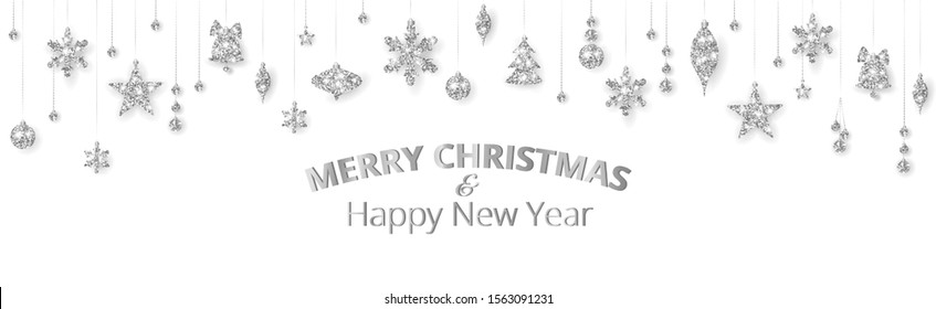 Vector Christmas banner with decorations. Merry Christmas and Happy New Year text. Silver ornaments on white background. Holiday frame, border. Glitter garland for celebration headers, party posters.