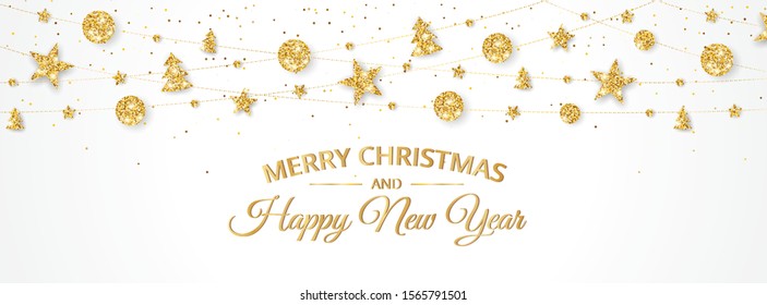 Vector Christmas banner with decorations. Merry Christmas and Happy New Year text. Golden ornaments on white background. Holiday frame, border. Glitter garland for celebration headers, party posters.