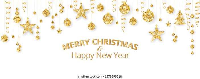 Vector Christmas banner with decorations. Merry Christmas and Happy New Year text. Golden ornaments on white background. Holiday frame, border. Glitter garland for celebration headers, party posters.