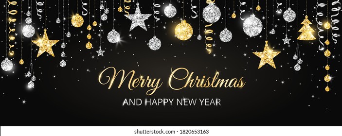 Vector Christmas banner with decorations. Merry Christmas and Happy New Year text. Gold and silver ornaments on black background. Holiday frame, border. Glitter garland for headers, party posters.