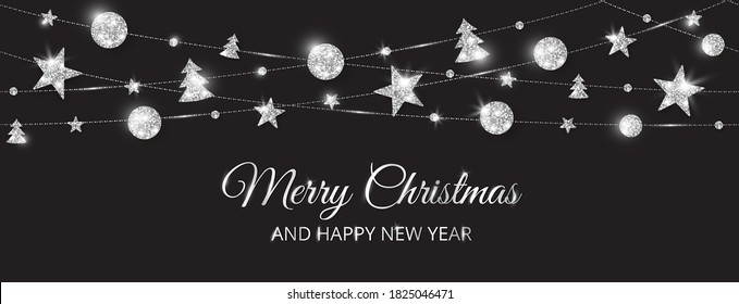 Vector Christmas banner with decorations. Merry Christmas and Happy New Year text. Sparkling silver ornaments on black background. Holiday frame, border. Glitter garland for headers, party posters.