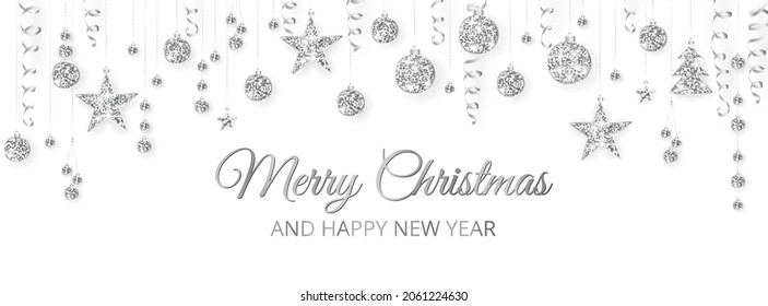 Vector Christmas banner with decorations. Merry Christmas and Happy New Year text. Silver ornaments on white background. Holiday frame, border. Glitter garland for celebration headers, party posters.