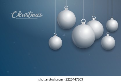 Vector Christmas banner with decorations. Merry Christmas text. silver ornaments on blue background