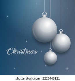 Cartel vectorial de Navidad con decoraciones. Feliz texto de Navidad. ornamentos plateados sobre fondo azul