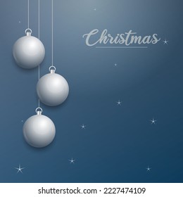 Vector Christmas banner with decorations. Merry Christmas text. silver ornaments on blue background