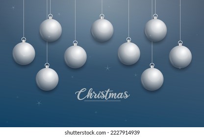 Vector Christmas banner with decorations. Merry Christmas text. silver ornaments on blue background