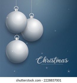 Vector Christmas banner with decorations. Merry Christmas text. silver ornaments on blue background