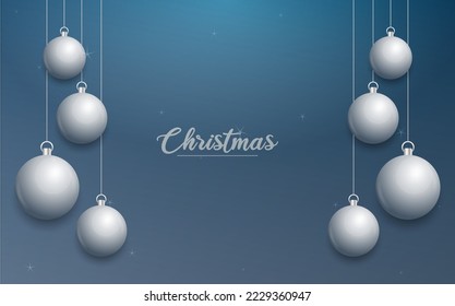 Vector Christmas banner with decorations. Merry Christmas text. silver ornaments on blue background