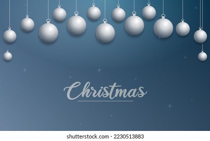Cartel vectorial de Navidad con decoraciones. Feliz texto de Navidad. ornamentos plateados sobre fondo azul