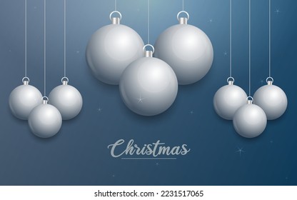 Vector Christmas banner with decorations. Merry Christmas text. silver ornaments on blue background