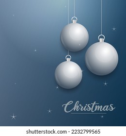 Vector Christmas banner with decorations. Merry Christmas text. silver ornaments on blue background