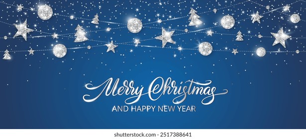 Vector Christmas banner with decorations. Sparkling silver ornaments on blue background. Merry Christmas hand written text. Holiday frame, border. Glitter garland for headers, party posters.