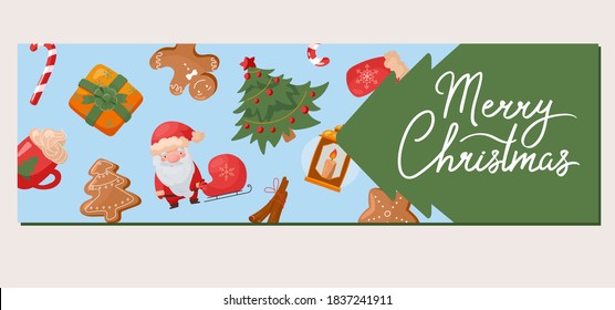 Vector Christmas banner design in cartoon style. Seasonal template with New Years illustrations.