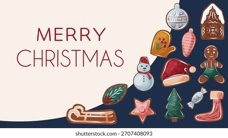 Navidades de Vector Anuncio con ilustraciones festivas de galletas de jengibre. Lindo diseño de vacaciones con galletas, pan de jengibre, renos, muñeco de nieve, árbol de Navidad, regalos, adornos y Elementos de invierno. 