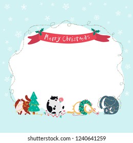 Vector Christmas banner with funny cats. Hand drawn funny cartoon characters. Ideal for invitations, greeting cards.