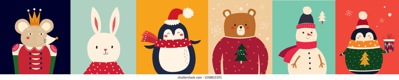 Vector Christmas banner with funny characters bear, snowman, penguin and bunny. Set of Christmas funny cards 