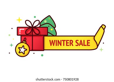 Vector christmas banner with gift box with sale tag. Cute illustration of gift box present, greeting, surprise.